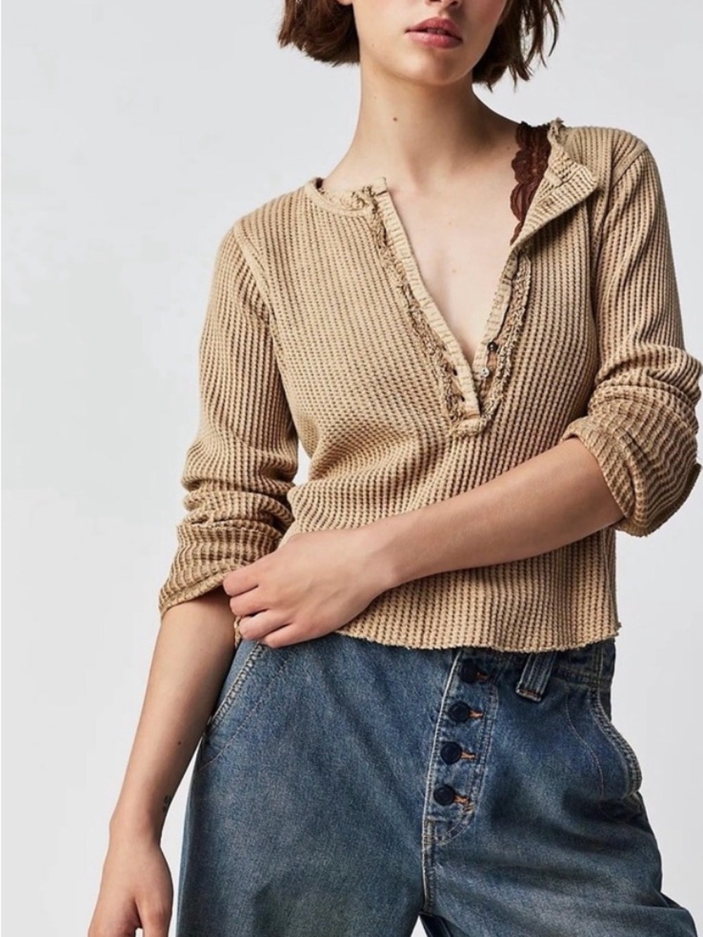 Free People Beige Waffle-Knit Henley with Frayed Placket